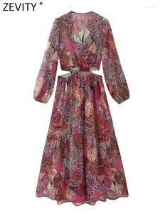 Robes décontractées Zevity Femmes Vintage V Cou Paisley Fleur Imprimer Taille Coupée En Mousseline De Soie Midi Robe Femme Chic À Manches Longues Court Robes