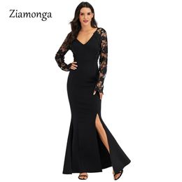 Robes décontractées Ziamonga longue robe de soirée femmes hiver 2021 grande taille luxe automne dentelle sirène élégant Sexy manches Maxi