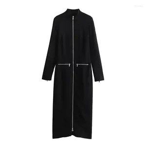 Robes décontractées Zipper Longue Robe Femme 2023 Noir Midi Pour Femmes Manches Automne Streetwear Mode Femme