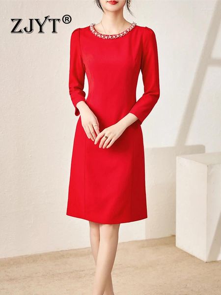 Robes décontractées ZJYT Automne Perles O Cou Rouge Occasion Formelle Fête Pour Femmes 2024 Élégant Simple Longueur Au Genou Robes Noir Bureau