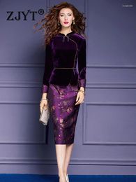 Robes décontractées ZJYT Automne Chinois Style Floral Velours Cheongsam Pour Femmes 2024 Élégant Manches Longues Perles Vintage Robes Plus Taille