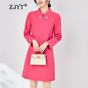 Casual jurken Zjyt Designer Diamonds Down Collar Simple For Women Spring 2024 Elegant Solid Black Dress Party met lange mouwen