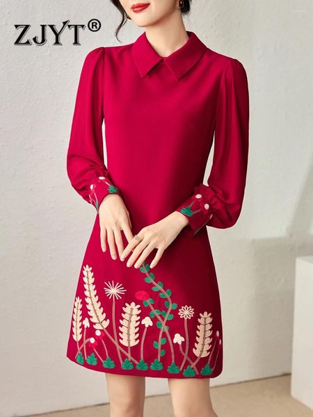 Robes décontractées Zjyt Designer printemps 2024 Rouge rouge pour femmes à manches longues