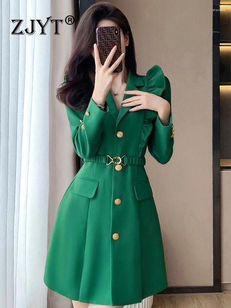 Vestidos casuales ZJYT elegante otoño volantes blazer para mujeres 2023 diseñador manga larga solo pecho oficina trabajo ropa verde bata