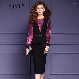 Robes décontractées Zjyt Robe crayon patchwork à perles élégantes pour femmes Office printemps 2024 Designer à manches longues Black Formal Party Plus taille