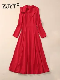 Robes décontractées Zjyt Elegant Bow Long Manched Red Christmas Party for Women 2024 Spring Runway Designer Midi Vestidos Aline Robe