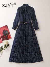 Robes décontractées ZJYT élégant Dot Print bleu plissé pour les femmes 2023 printemps été Vestidos Designer Vintage Midi Robe Femmes XXL