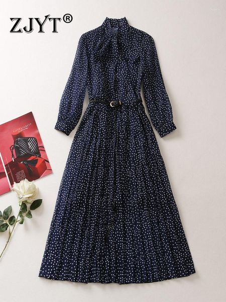 Vestidos casuales ZJYT elegante estampado de lunares azul plisado para mujeres 2023 Primavera Verano Vestidos diseñador Vintage Midi Robe Femmes XXL