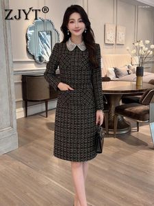 Casual jurken zjyt elegante dames kralen vintage tweed voor herfst 2024 mode lange mouw feestvestidos zwart kantoorgewaad