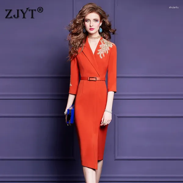 Robes décontractées Zjyt Office Lady Beading Blazer Crayon pour femmes Business Elegant Chic Spring Robe MIDI plus taille de vêtements féminins