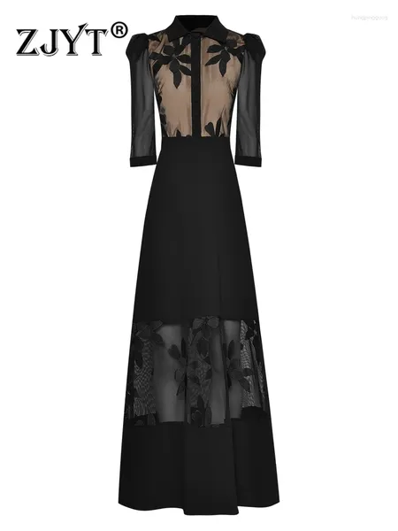 Vestidos casuales ZJYT Runway Otoño Bordado Negro Maxi Fiesta para mujeres 2024 Elegante Ocasión especial Vestidos para Mujer Sexy Robe