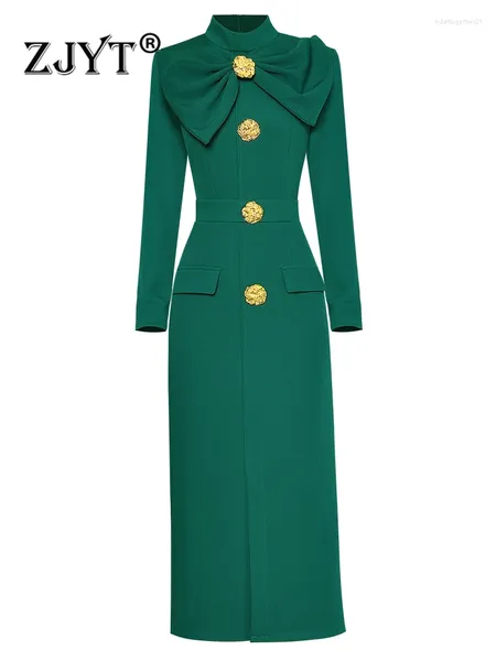 Robes décontractées ZJYT Runway Automne Midi Pour Femmes 2023 Élégant Noir Vert Robes À Manches Longues Robe De Soirée Droite Femme Plus Taille XXL