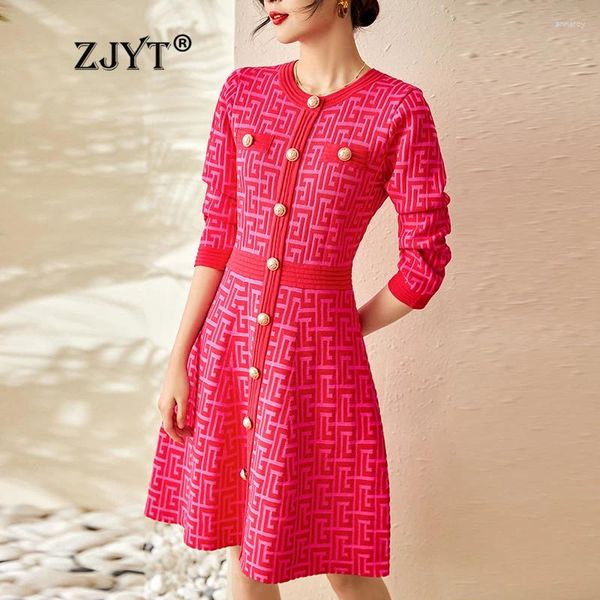 Robes décontractées Zjyt Pull à tricot à manches longues pour femmes Boutons de motif géométrique Tricots Spring Vintage Robe Vestide Robe