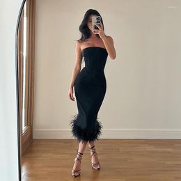 Robes décontractées Zoctuo robe élégante noir sans bretelles 2022 été plume ourlet maigre Sexy Vestidos vêtements femmes dame tenue Patywear