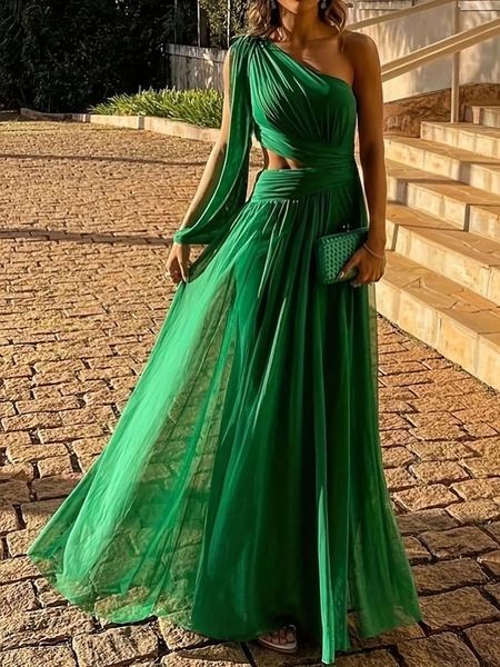 Vestidos casuales Zoctuo verde suelto vestido formal mujeres diagonal hombro dividido manga larga plisada bata sexy cintura recorte elegante noche