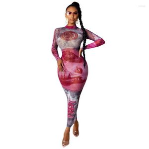 Casual jurken ZOCTUO MESH ZIJE MAXI JUIL AUTUND MADE MONDER PRINT SEXY BODYCON Lange mouw Club Paety voor Womencasual