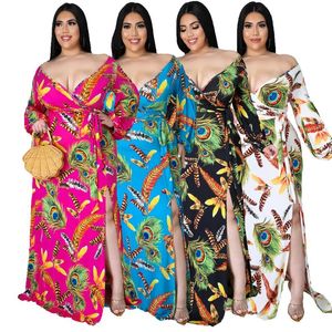 Casual jurken ZOCTUO Print Lange mouw Club Beach Party Split Deep V-Neck Dress Sexy Plus Size L-5XL High Taille Maxi