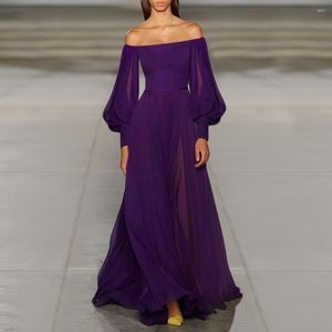 Robes décontractées Zogaa Purple Soie Mousseline de soie Simple Soirée de l'épaule Longue manches bouffantes Longueur de plancher Robe de bal Robe formelle