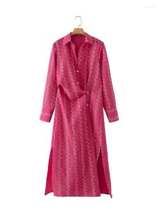 Robes décontractées ZXQJ femmes 2023 mode vague motif imprimé Midi chemise robe Vintage manches longues côté fendu asymétrique femme Vestidos