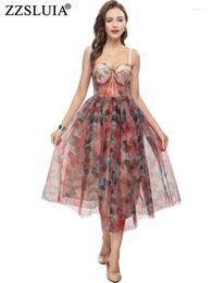 Casual jurken zzsluia elegant voor vrouwen bloemen gedrukte ontwerper slanke slinger mesh jurk mode zomer prom midi vrouwelijke kleding