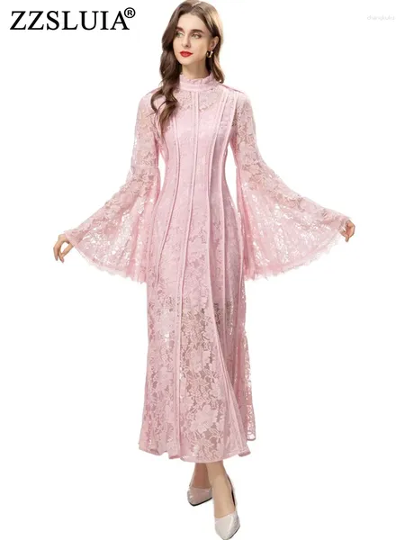 Robes décontractées ZZSLUIA Col à volants manches évasées mince robe longue mode chemise designer dentelle élégante pour femmes vêtements féminins