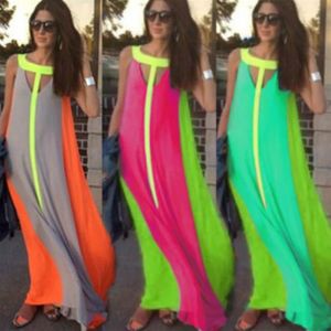 Casual Fahion Gasa Color brillante Patchwork Vestidos casuales Sin mangas Vestido suelto Vestido suelto Mujeres baratas Verano Boho Maxi vestidos T2754