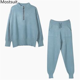 Casual mode gebreide twee stuk trainingspakken sets vrouwen zip-up trui + hoge taille jogger broek Koreaanse vrouwelijke set 210513