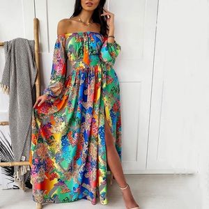 Casual Flokcloset zomerjurk met Boheemse print 2023 Lijnhalsontwerp Lange mouw Feestlange zonnejurk