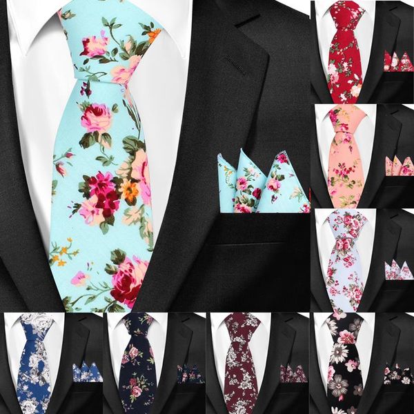 Corbatas de algodón florales informales y conjuntos de bolsillo a cuadros, corbata delgada con estampado de flores para hombre, corbata de cuello para hombre, corbatas delgadas de 6cm