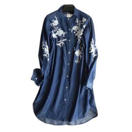 Casual Floral Embroidery Denim Jurken Dames Lange Mouw Vintage Etnische Jeans Shirt Plus Size Vestidos Robe Femme 210429