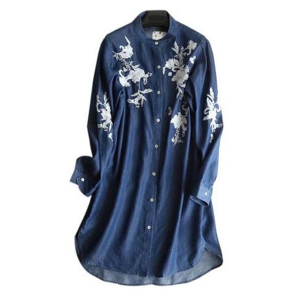 Casual Floral Broderie Denim Robes Femmes À Manches Longues Vintage Ethnique Jeans Chemise Plus Taille Robes Robe Femme 210429