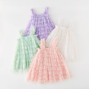 Décontracté fleurs filles jarretelle robe été doux bébé anniversaire robe enfants pastorale Photo maille robe de princesse