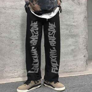 Pantalon punk gothique décontracté hommes vêtements bas coréen sauvage lâche jambe large taille élastique lettre sombre imprimé pantalon de sport streetwea LJ201103