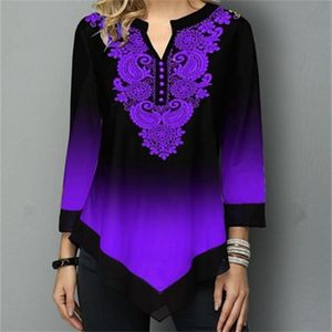 Casual Gradiënt Plus Size Shirt Mode Gedrukt Button V-hals Drie-Kwart Mouw Blouse Street Grote Dames Tops 5XL 220407