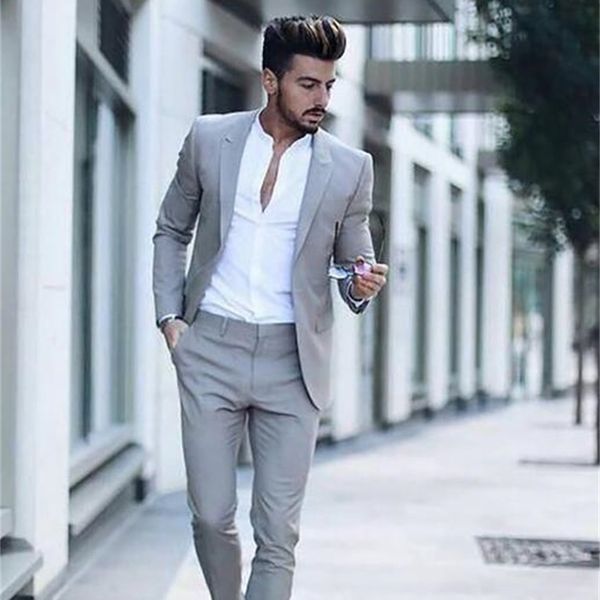 Casual Grey Men Suits Fashion Street Smart Business Male Tuxedo Summer Beach Trajes de boda para hombres Prom Party Best Man Suit 2PCS 201105