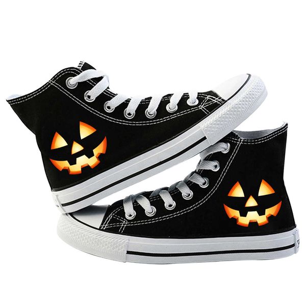 Casual Halloween Creatief Pompoen Ghost Face Canvas Hoge heren en Dames Platte Schoenen Patroon Print