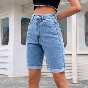 Casual hoge taille rechte jeans shorts zomerzakken losse vrouwelijke blauwe denim dames straat bodems 210714