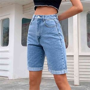 Décontracté taille haute droite jean Shorts été poches lâche femme bleu Denim dames rue bas 210722