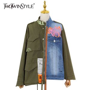 Casual Hit Color Denim Jacket voor Dames Stand Kraag Lange Mouw Koreaanse Losse Print Jassen Vrouwelijke Mode 210524