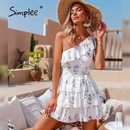 Casual vakantie bandage landelijke stijl vrouwen zomer bloemen print een schouder ruche mini lente mode jurk 210414