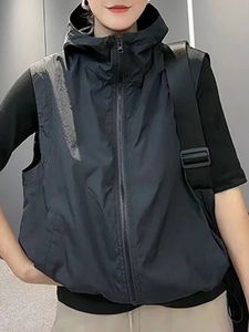 Gilet noir à capuche décontracté, élégant, ample, sans manches, fermeture éclair, mode coréenne, poches avec cordon de serrage, manteaux fins, 240105