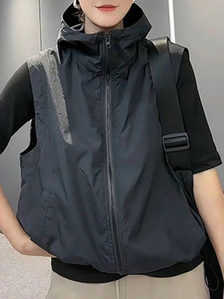 Gilet noir à capuche décontracté, élégant, ample, sans manches, fermeture éclair, mode coréenne, poches avec cordon de serrage, manteaux fins, 240113