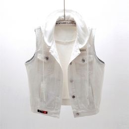 Casual Hooded White Denim Vesten voor Vrouwen Koreaanse Mouwloze Jas Vrouwelijke Pus Grootte Geestje Veerjas Gilet Colete 210909