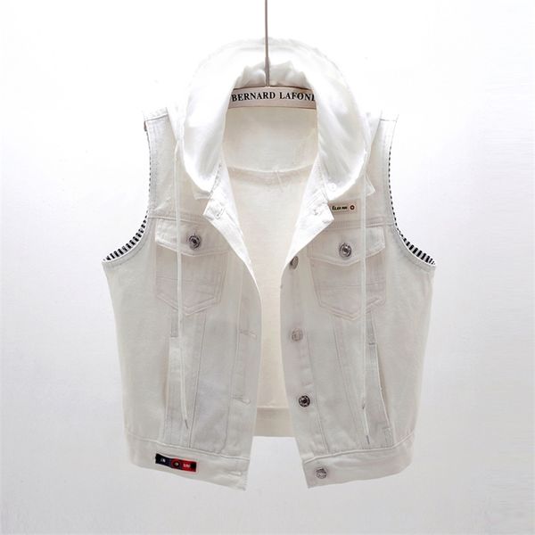 Casual capuche blanc denim gilets pour femmes coréennes veste sans manches femme pus taille gilet printemps manteau gilet colete 210910