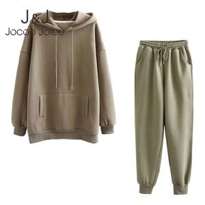 Casual Hoodies + Drawstrings Elastische Broek 2 Stks Sets Herfst Winter Vrouwen Dikke Fleece Katoenen Suit Solid Harajuku Hoodies 210518