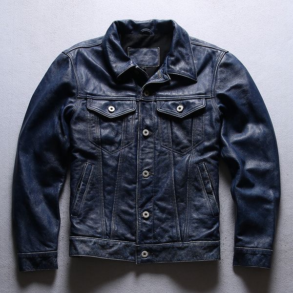 Veste décontractée pour homme veste en cuir de vachette bleu manteaux en cuir véritable motard moto vestes Hip Hop hauts grande taille M-4XL