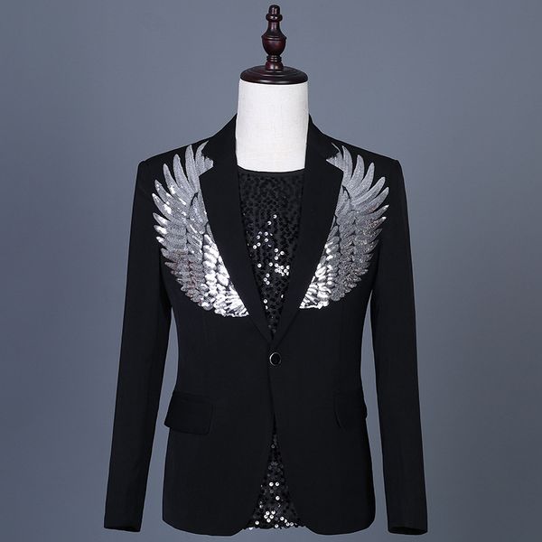 Chaqueta casual con alas de lentejuelas Blazer negro para hombres Traje de boda de novio delgado Traje de fiesta de club nocturno Traje de escenario 220310