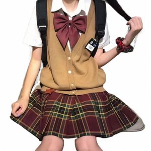 Casual JK Tricoté Cott Col V Gilet De Noël Plaid Jupe Plissée Uniforme Scolaire Japonais Anime Cosplay Costumes Femmes Nouvel An h01P #
