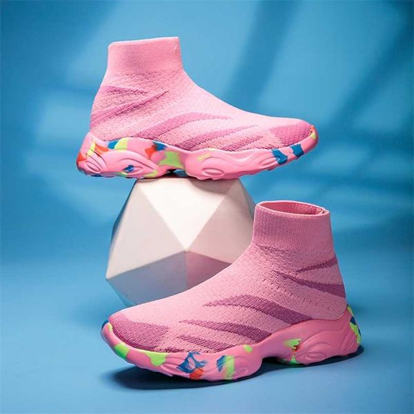 Casual Kids Sock Sneakers Enfants Garçons Respirant High Top Flying Woven Trainers School Soft Running Sports Toddlers Girl Chaussures 211022