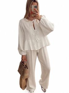 Casual Lace Up Chemises 2 Pièces Pantalons Ensembles Femmes Blanc O-cou Lg Manches Blouses Lâches Élastique Taille Haute Pantalon Dame Tenues K2XI #